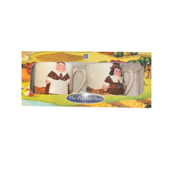 The Pilgrim Pair Mugs Vintage Thanksgiving Fall Decor Coffee Cups New In Box - Picture 1 of 5